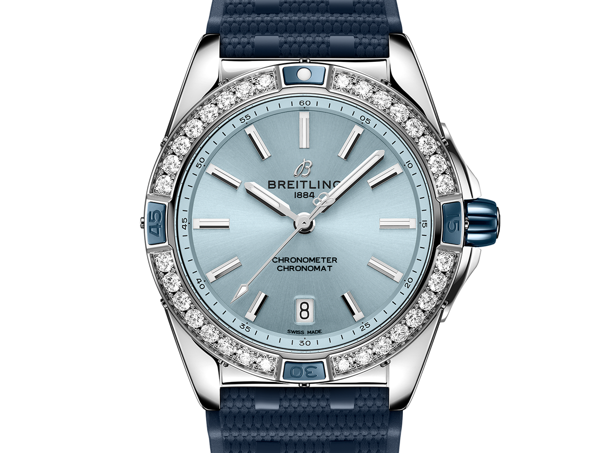BRT Super Chronomat 38mm Diamond Watch with Blue Rubber Strap