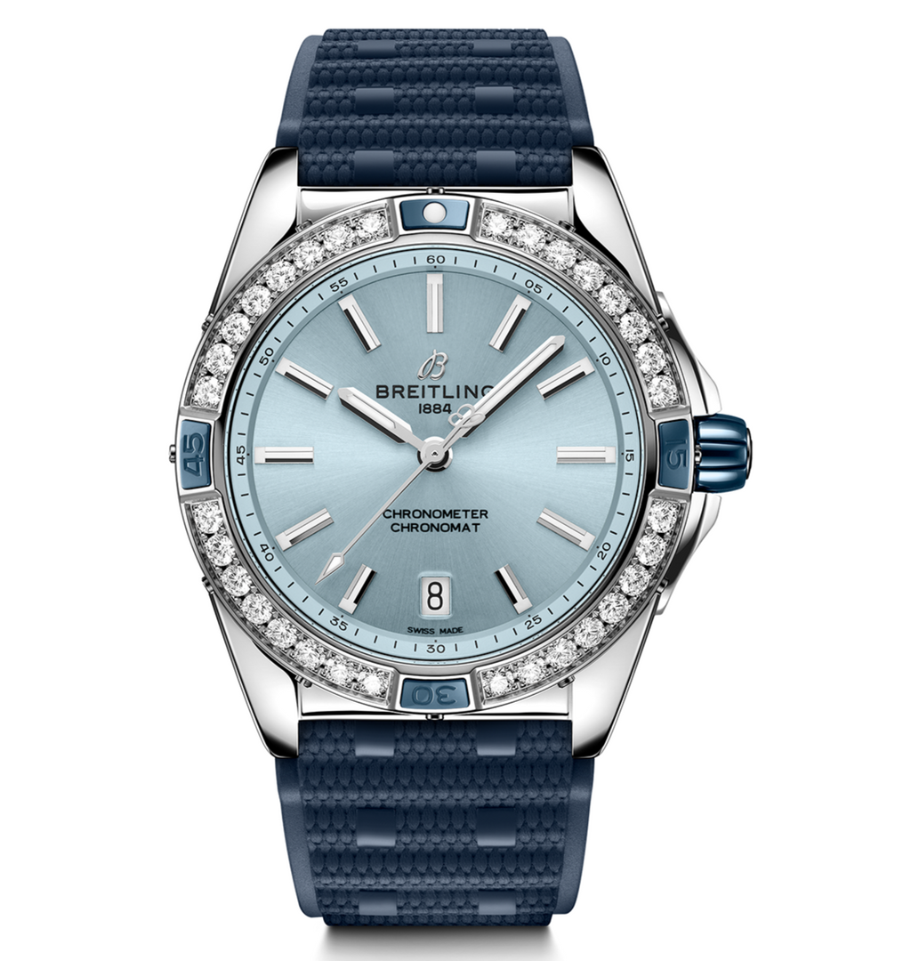 BRT Super Chronomat 38mm Diamond Watch with Blue Rubber Strap