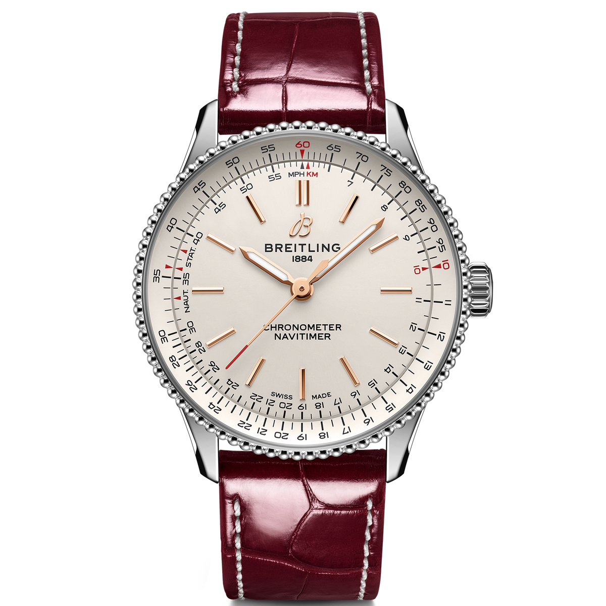 BRT Navitimer Automatic 36mm Watch with Burgundy Leather Strap