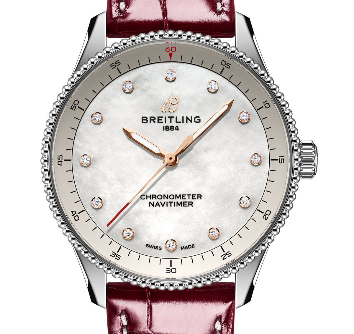 BRT Navitimer 32mm Watch with Burgundy Strap