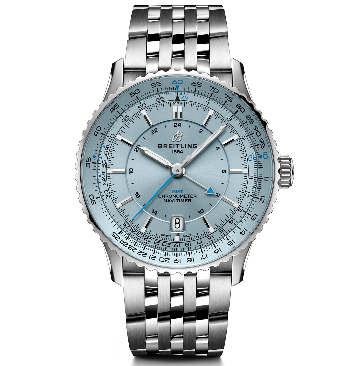 BRT Navitimer Automatic GMT 41 Watch with Ice Blue Dial