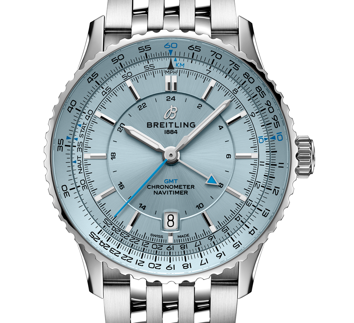 BRT Navitimer Automatic GMT 41 Watch with Ice Blue Dial