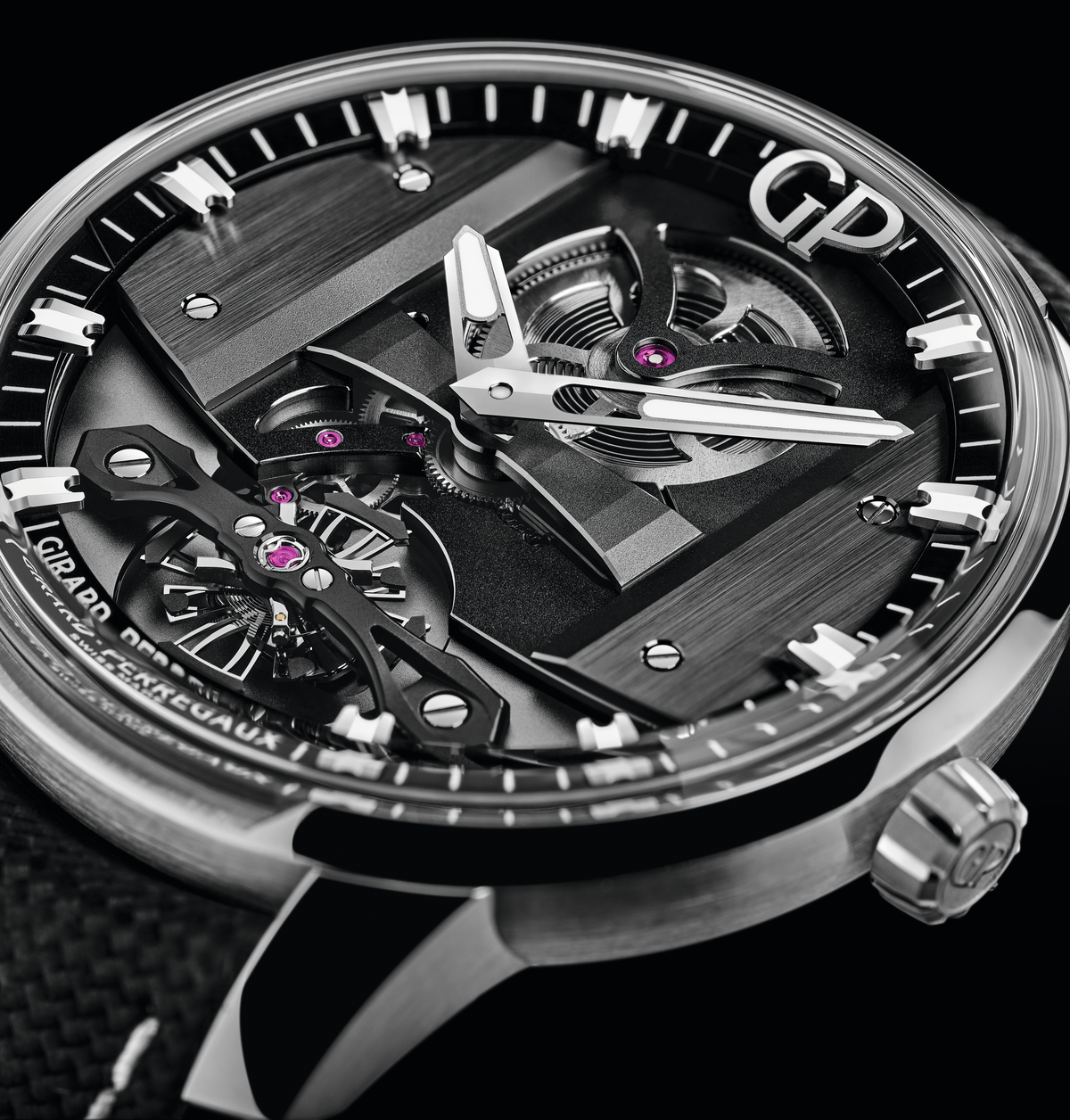 Girard-Perregaux Free Bridge 44mm Watch with Black Leather Strap