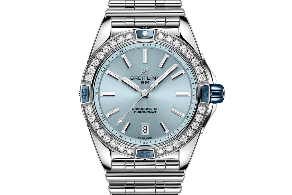 BRT Super Chronomat 38mm Diamond Watch with Light Blue Dial