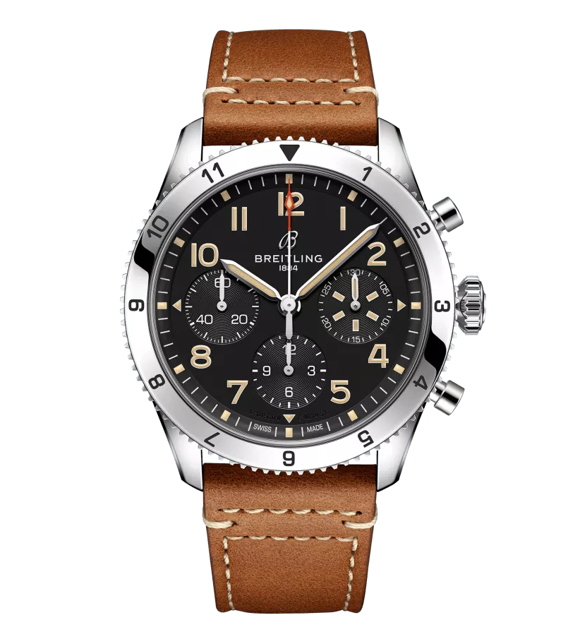 BRT Classic AVI Chronograph 42 P-51 Mustang Watch with a Gold Brown Leather Strap