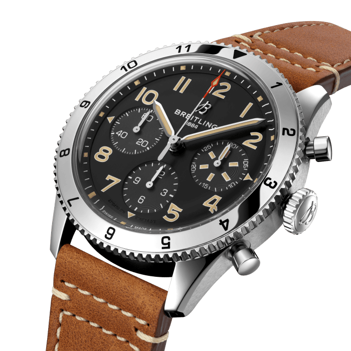 BRT Classic AVI Chronograph 42 P-51 Mustang Watch with a Gold Brown Leather Strap