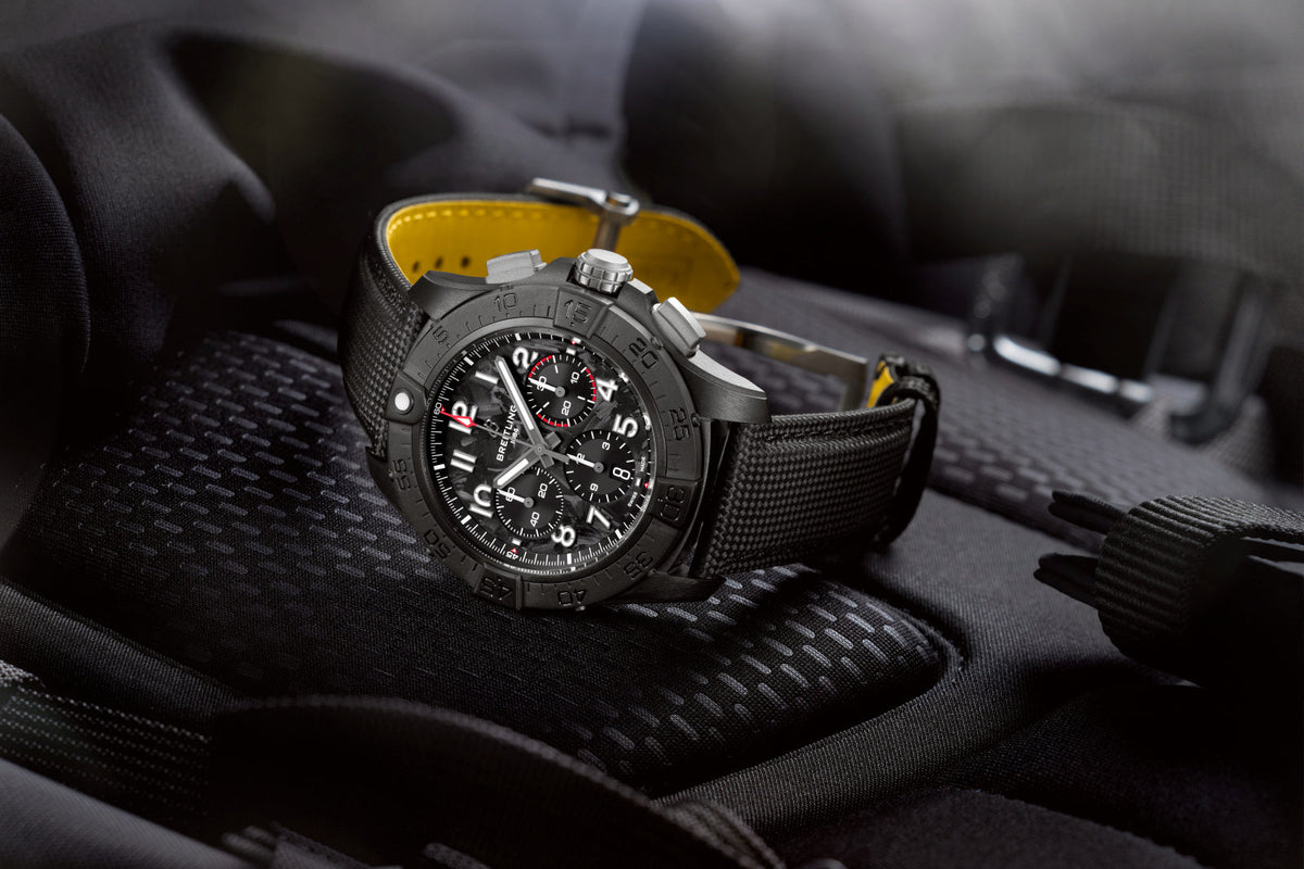 BRT Avenger B01 Chronograph 44mm Night Mission Watch with Black Carbon Dial
