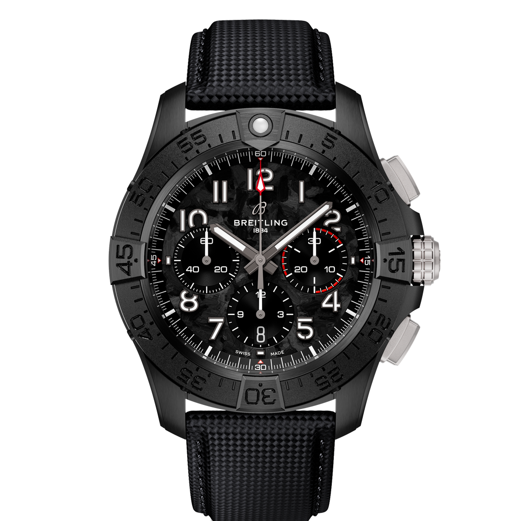 BRT Avenger B01 Chronograph 44mm Night Mission Watch with Black Carbon Dial