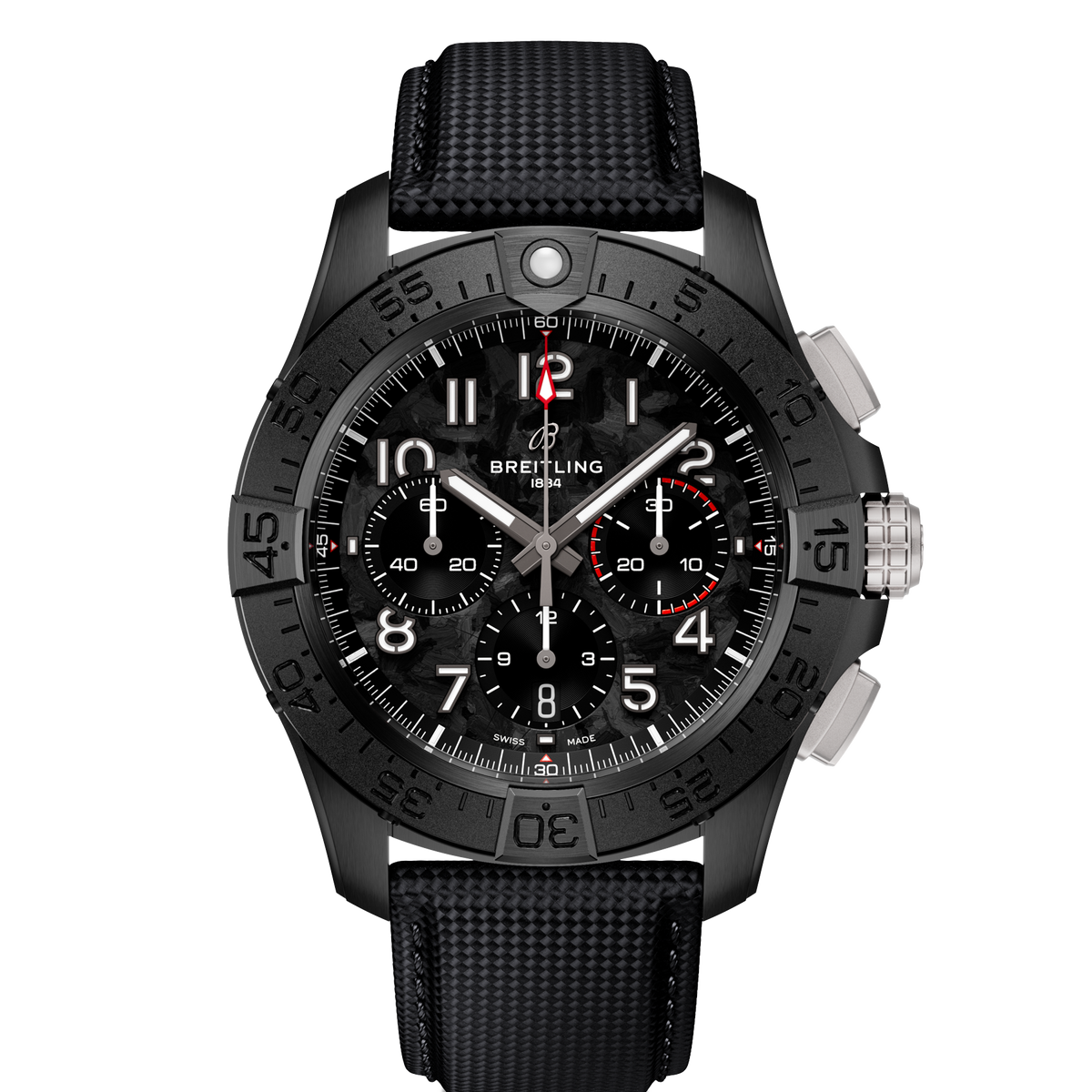 BRT Avenger B01 Chronograph 44mm Night Mission Watch with Black Carbon Dial
