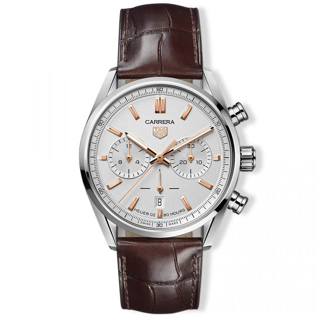 TGHR Carrera Chronograph Men's Calibre Heuer 02 Automatic Chronograph Silver Dial Watch with Leather Strap