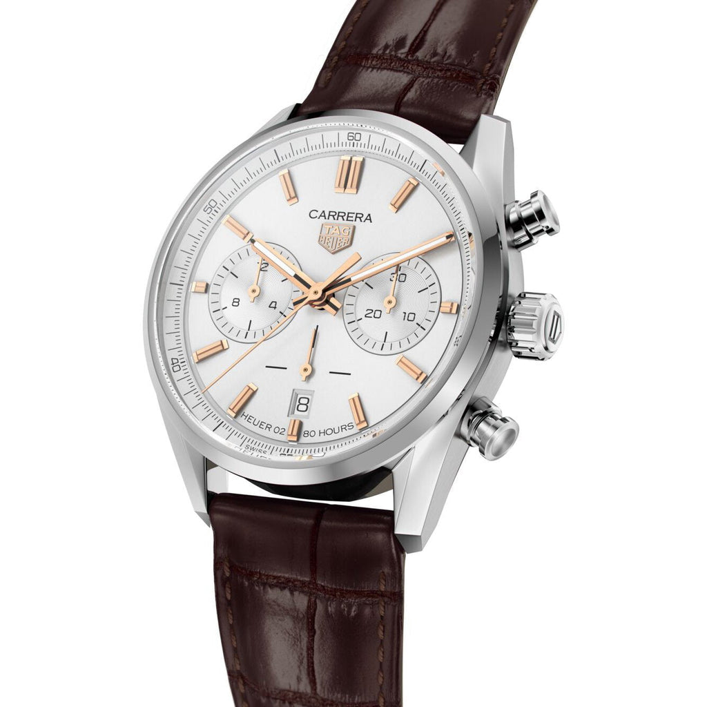 TGHR Carrera Chronograph Men's Calibre Heuer 02 Automatic Chronograph Silver Dial Watch with Leather Strap