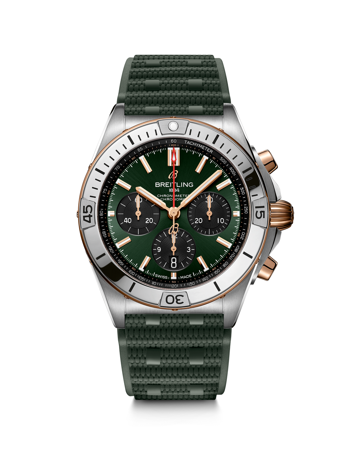 BRT Chronomat B01 Chronograph 42 Watch with Green Dial and Rubber Strap