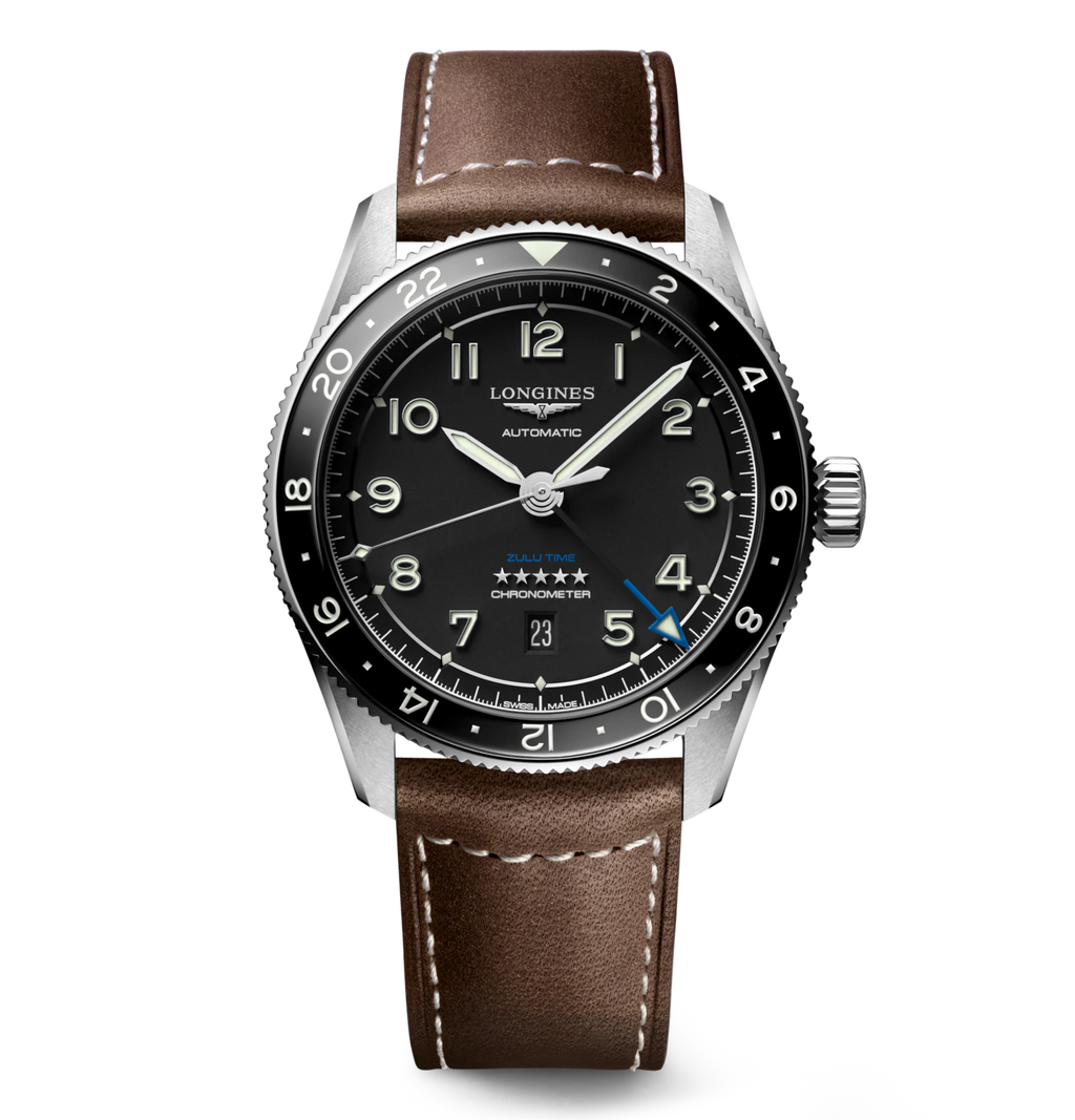 LNGS Spirit Zulu Time 42mm Watch with Brown Leather Strap