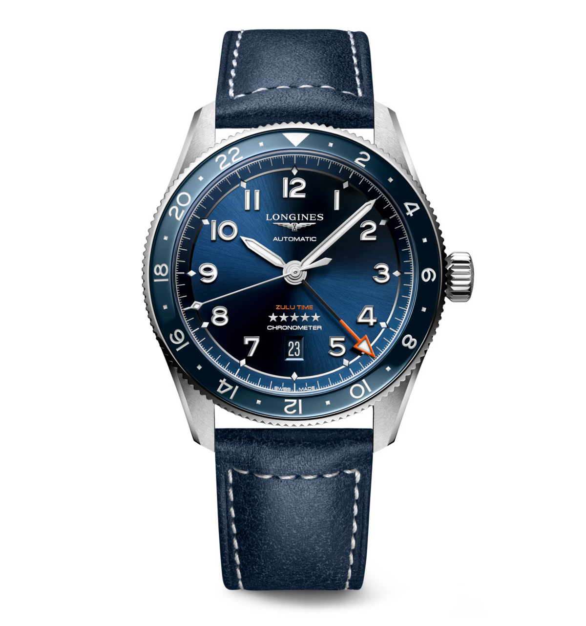 LNGS Spirit Zulu Time 42mm Watch with Blue Leather Strap