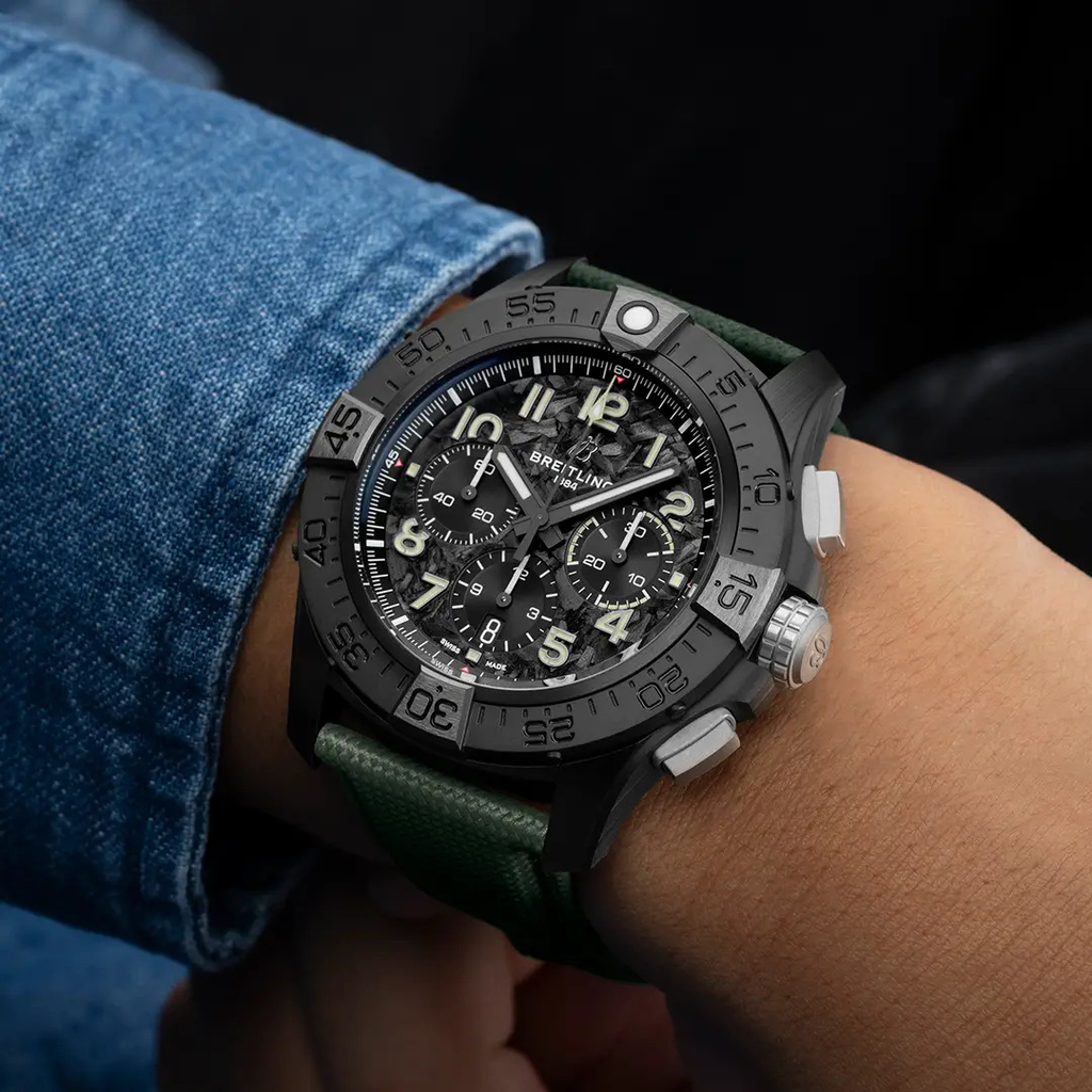 BRT Super Avenger B01 Chronograph 46 Night Mission Watch with Khaki Green Leather Strap