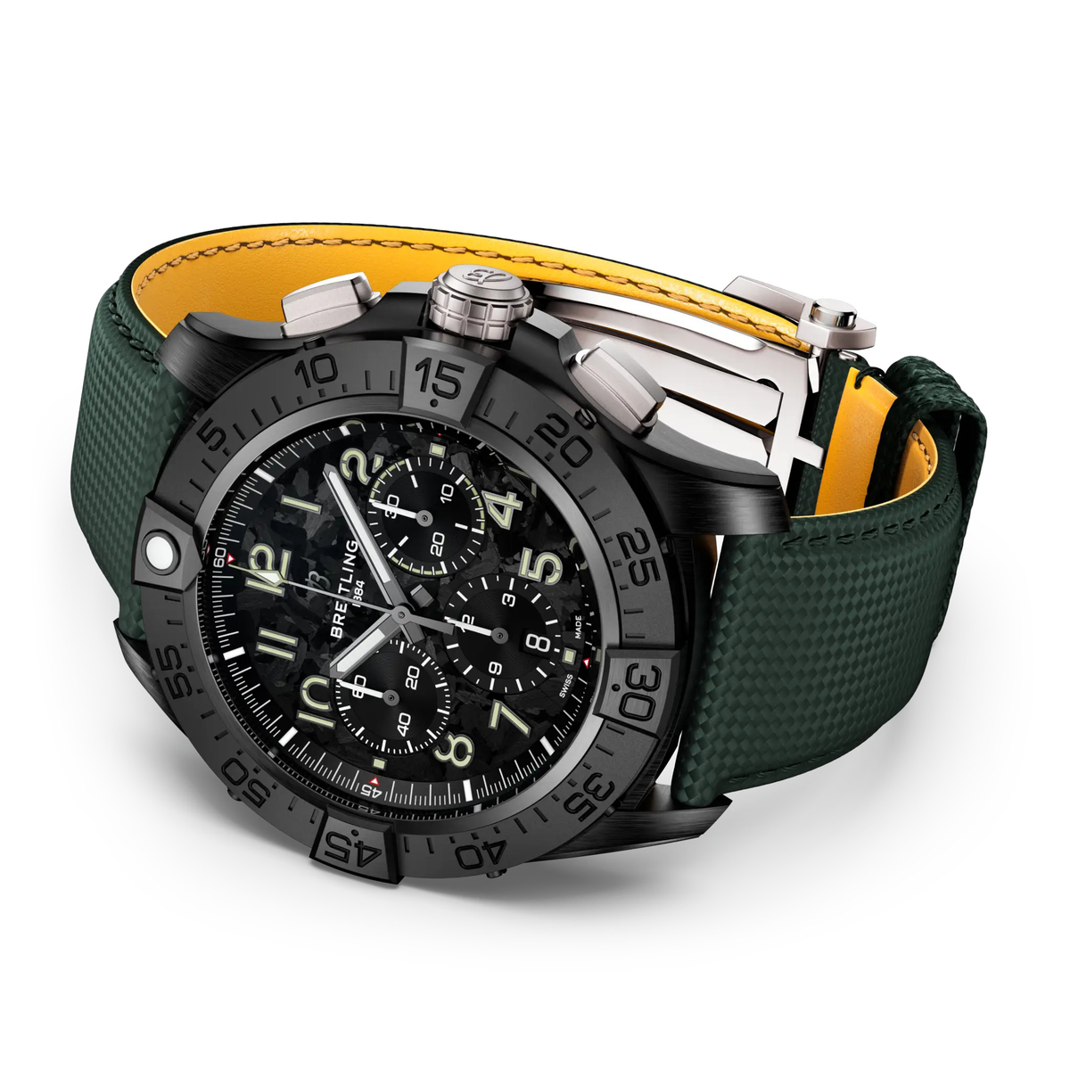 BRT Super Avenger B01 Chronograph 46 Night Mission Watch with Khaki Green Leather Strap
