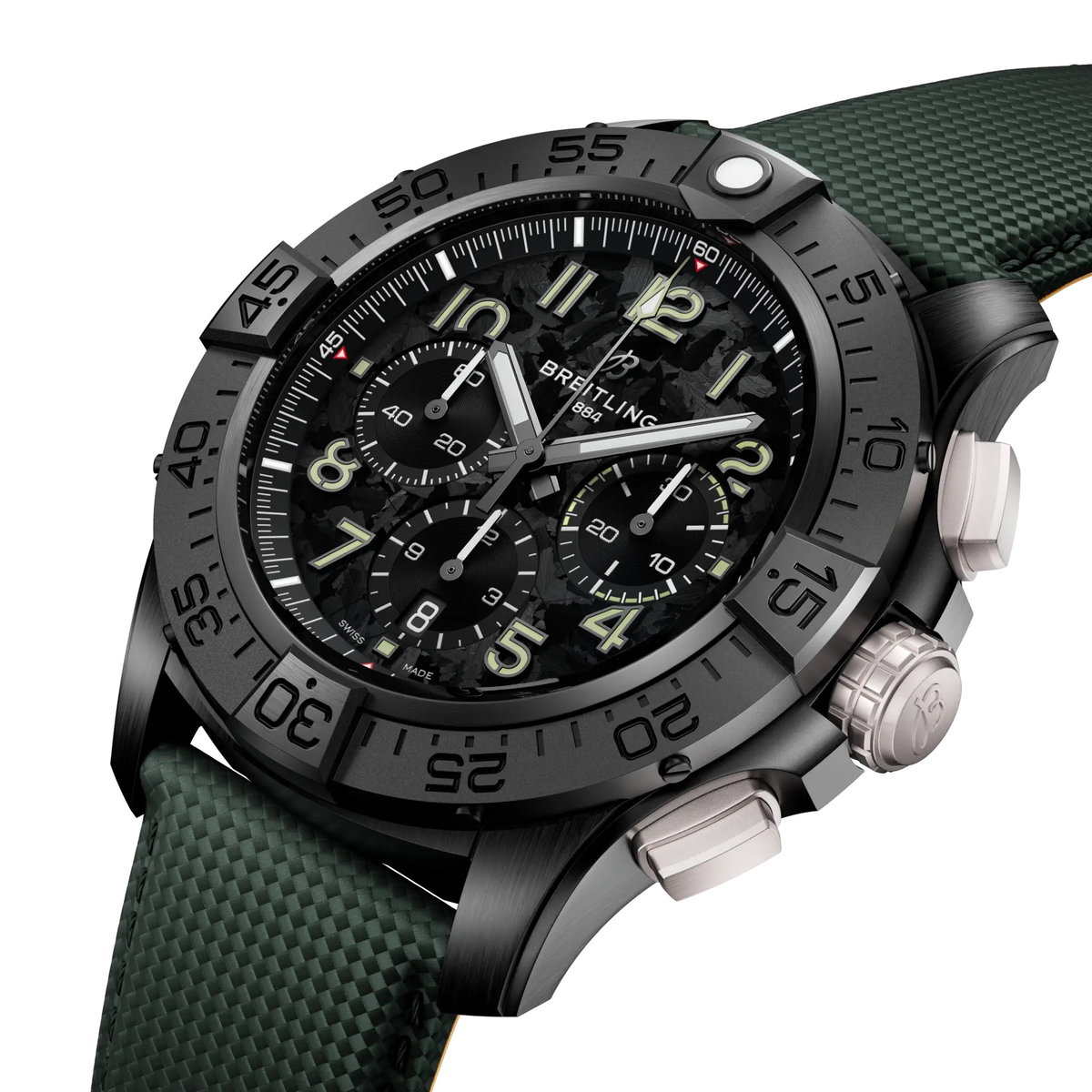 BRT Super Avenger B01 Chronograph 46 Night Mission Watch with Khaki Green Leather Strap