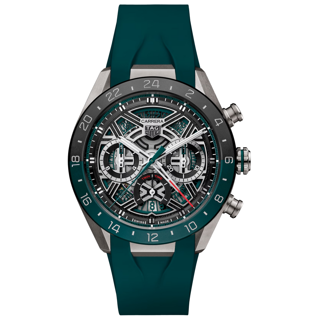 TGHR Carrera Chronograph Extreme Sport Twin-Time Watch with Green Rubber Strap