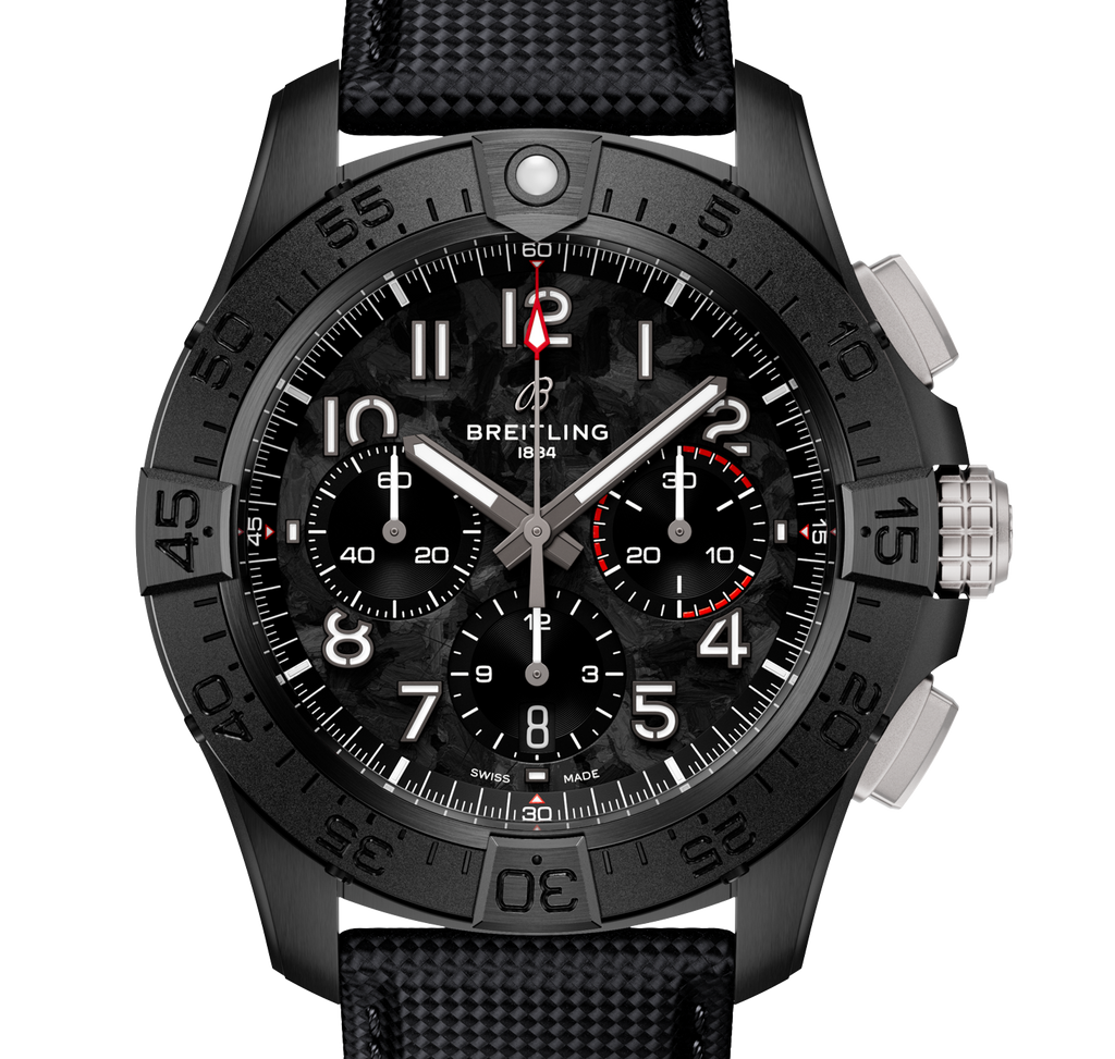 BRT Avenger B01 Chronograph 44mm Night Mission Watch with Black Carbon Dial