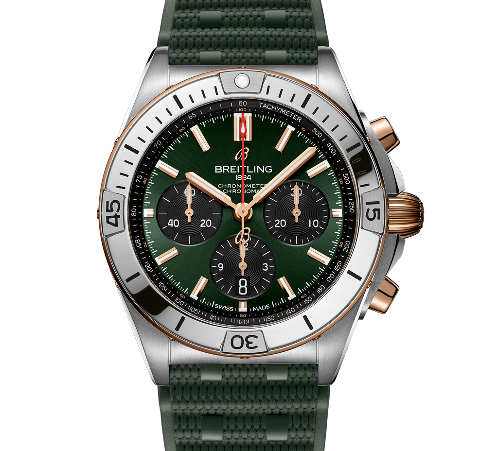 BRT Chronomat B01 Chronograph 42 Watch with Green Dial and Rubber Strap
