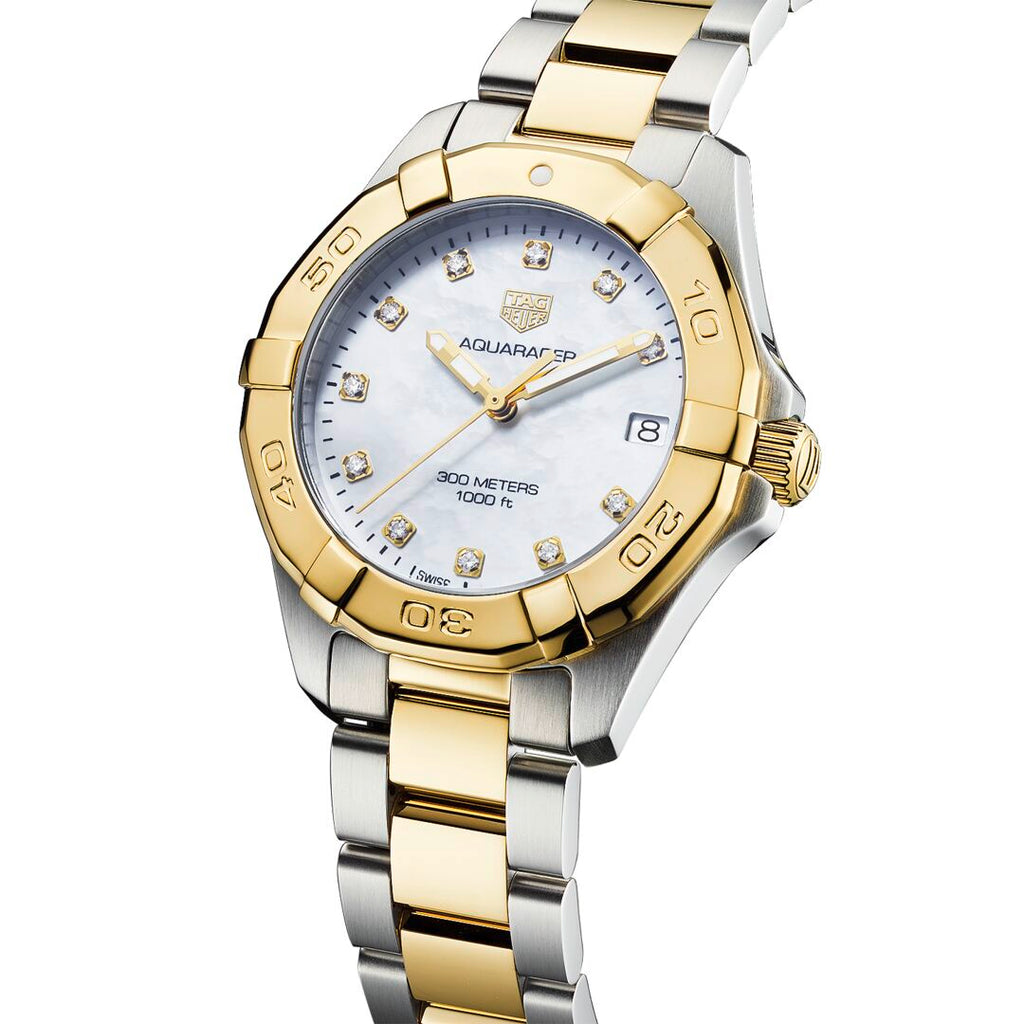 TGHR Aquaracer Ladies' Quartz Movement White Mother-of-Pearl Dial Watch with Diamond Indexes