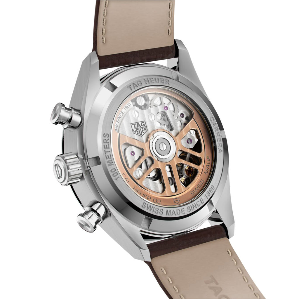 TGHR Carrera Chronograph Men's Calibre Heuer 02 Automatic Chronograph Silver Dial Watch with Leather Strap
