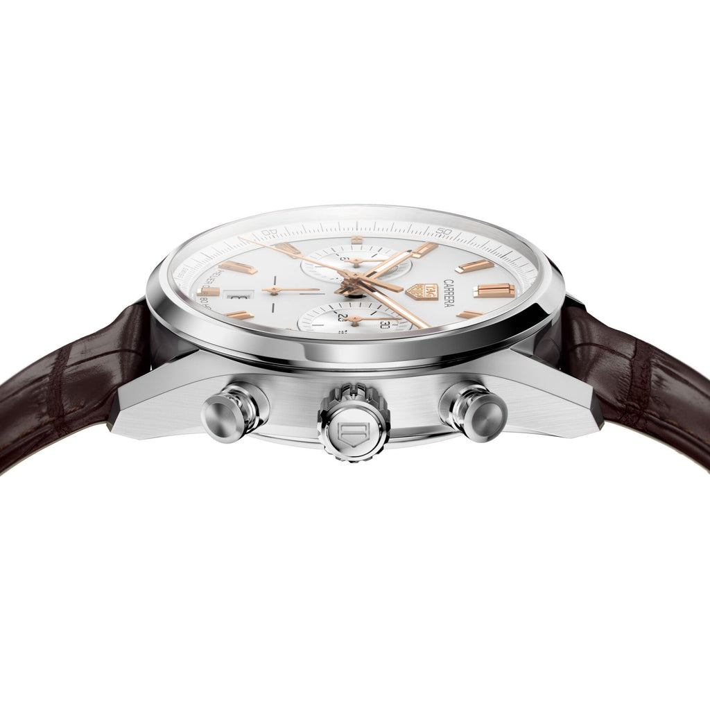 TGHR Carrera Chronograph Men's Calibre Heuer 02 Automatic Chronograph Silver Dial Watch with Leather Strap