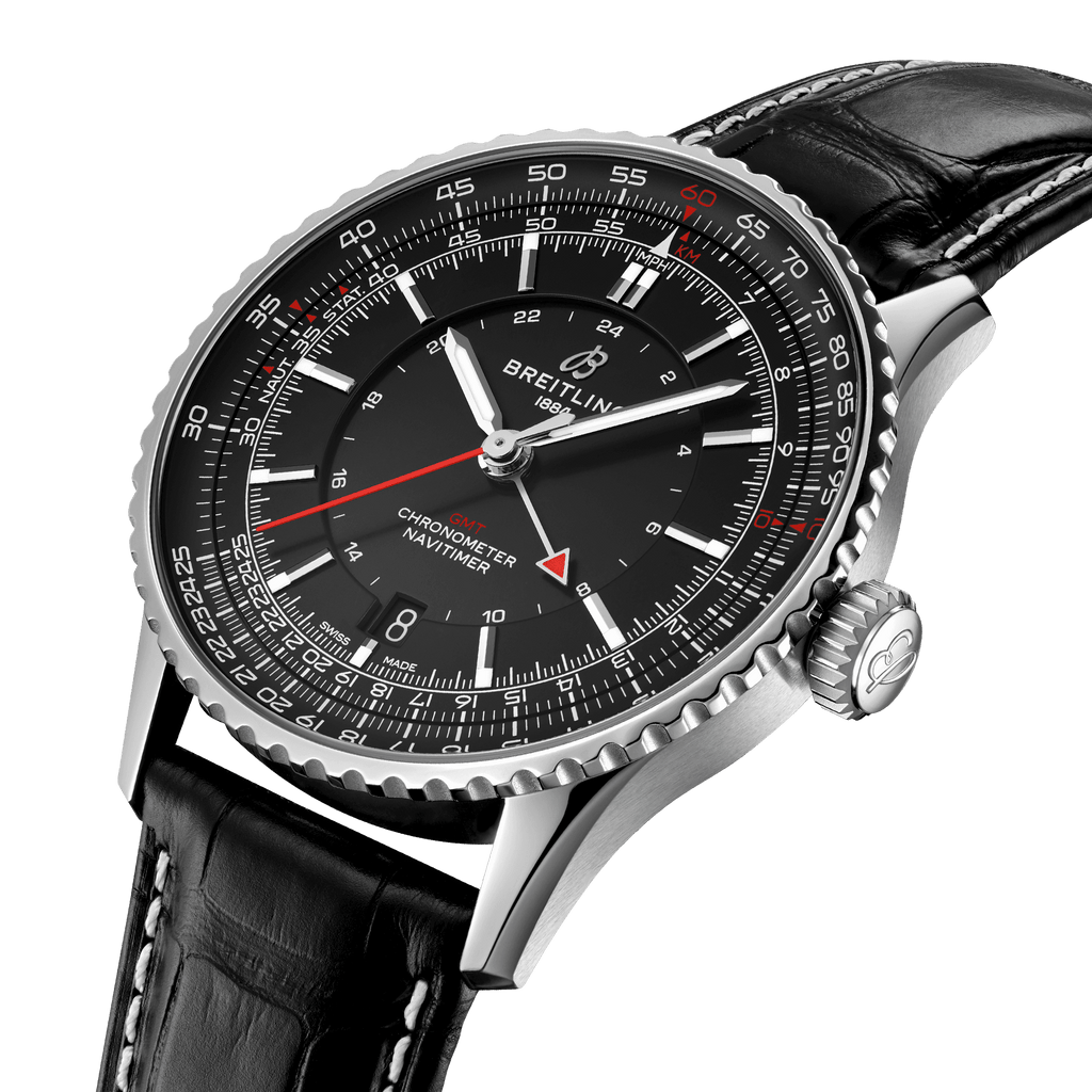 BRT Navitimer Automatic GMT 41 Watch with Black Leather Strap