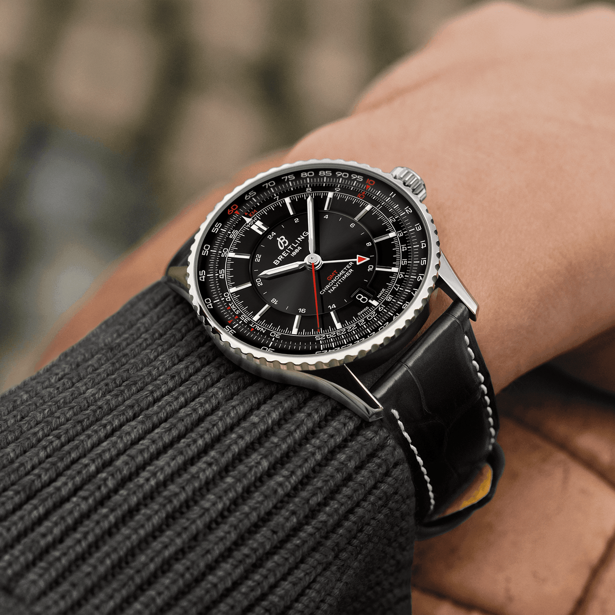 BRT Navitimer Automatic GMT 41 Watch with Black Leather Strap