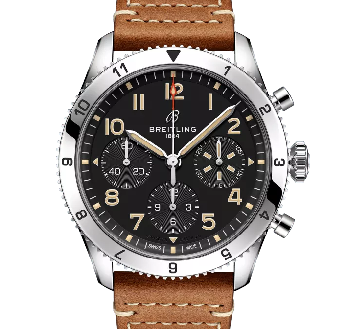BRT Classic AVI Chronograph 42 P-51 Mustang Watch with a Gold Brown Leather Strap