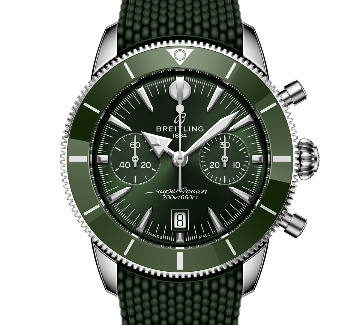 BRT Superocean Heritage B01 Chronograph 42 Watch with Green Mesh Rubber Strap