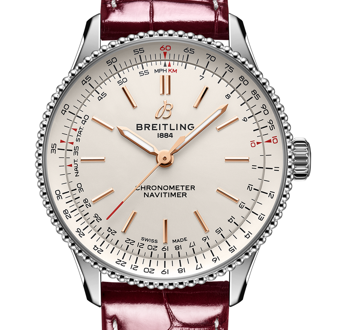 BRT Navitimer Automatic 36mm Watch with Burgundy Leather Strap