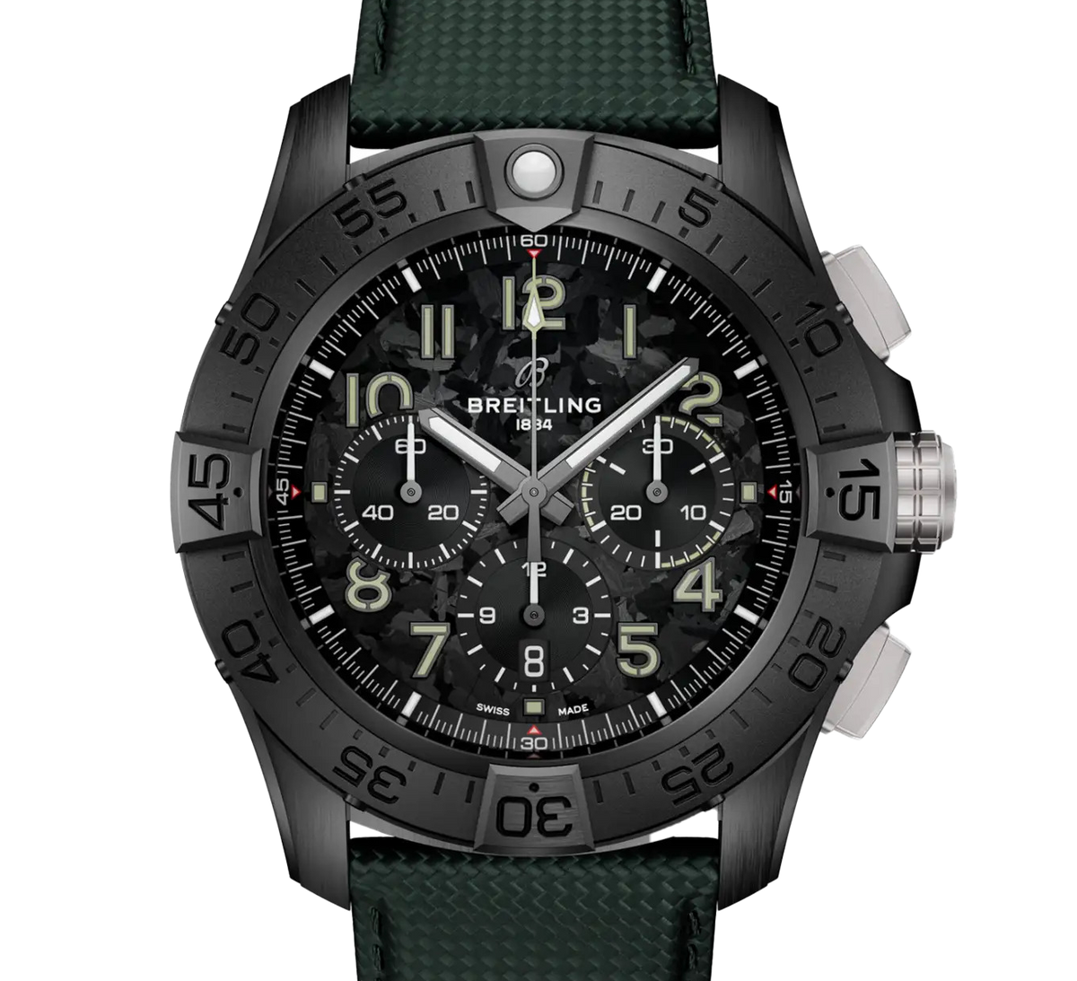 BRT Super Avenger B01 Chronograph 46 Night Mission Watch with Khaki Green Leather Strap